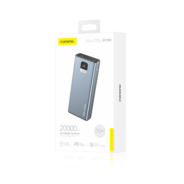 Foneng (GT200) 20000mah 22.5w with 3 outputs Power Bank - Metal Grey